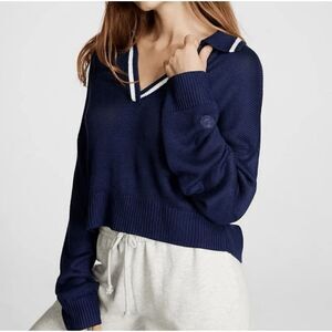 VS PINK Cambridge Knit Polo Crop Sweater Women’s Size M Navy Blue White Soft